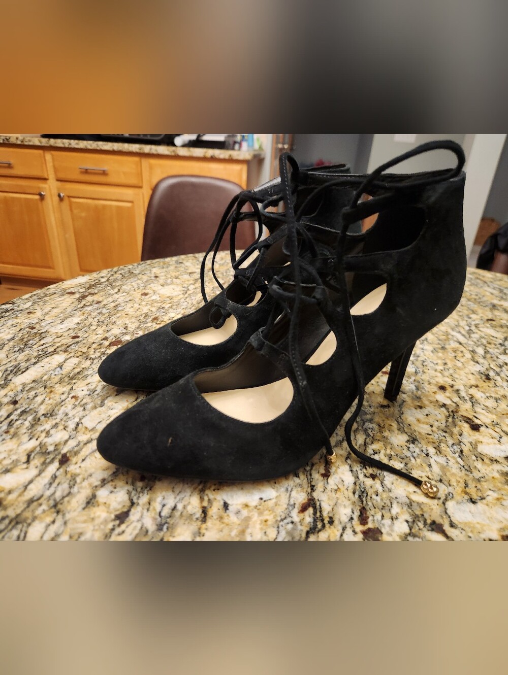 Karl Lagerfeld Women’s Black Lace-Up Suede Pointed-Toe Heels, Size 7.5